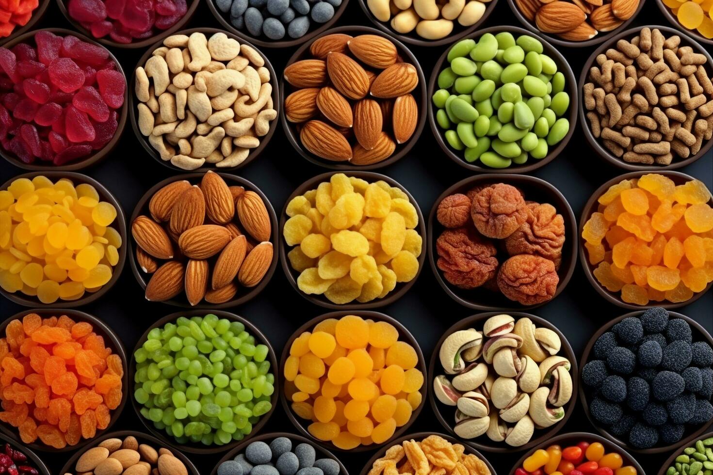 ai-generated-colorful-dried-fruits-assorted-nuts-and-seeds-background-mixed-raw-food-for-snacking-top-view-generative-ai-free-photo Mk Stores Kerala